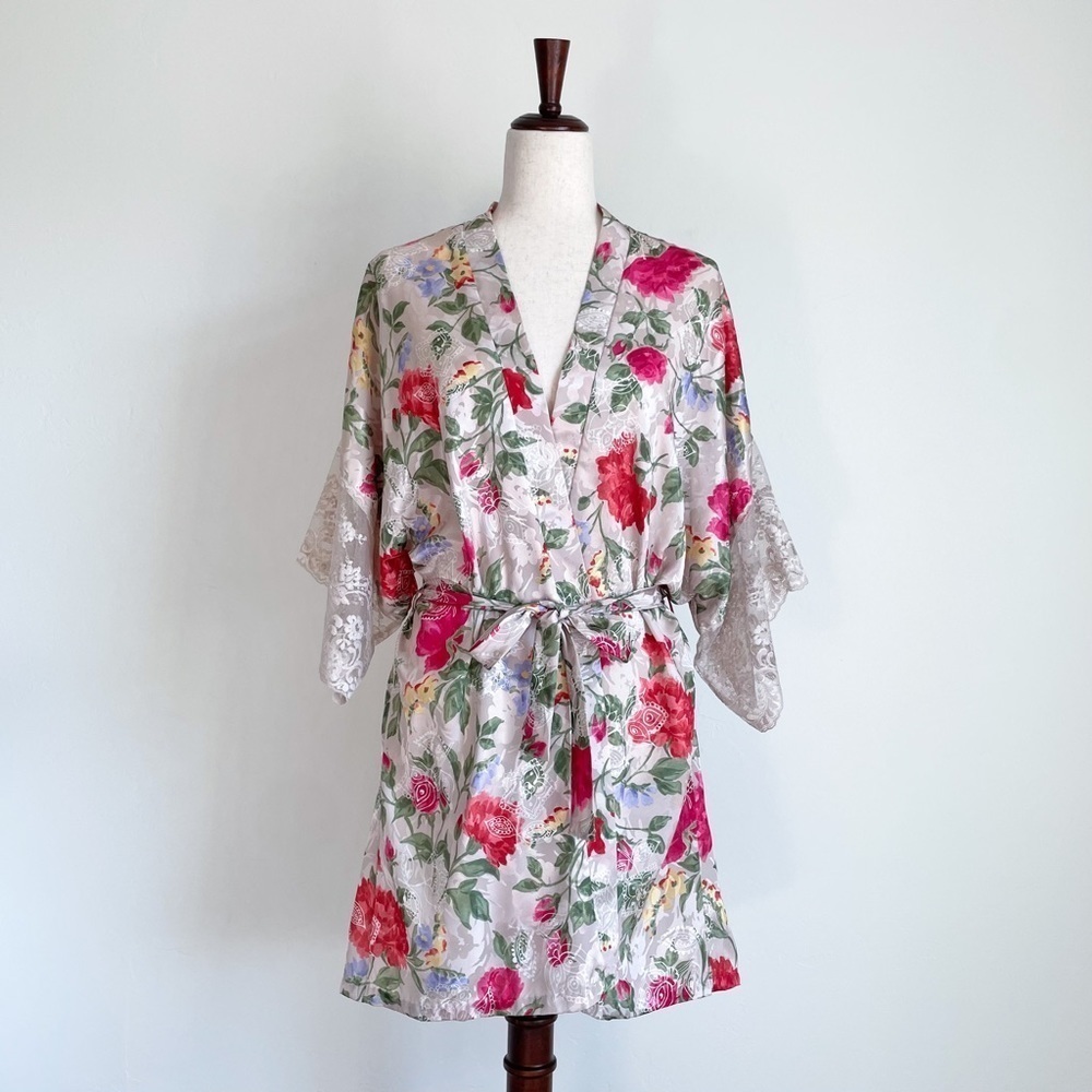 Lucia Ann Vintage Floral Satin Lingerie Lace Sleeve Robe